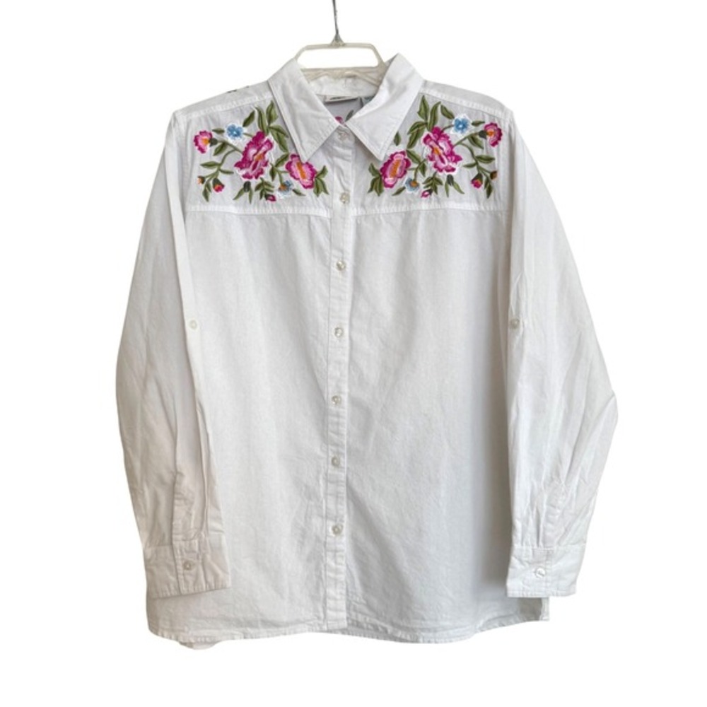 Vintage White Floral Embroidered Cotton Button Down Shirt XL Boho Top